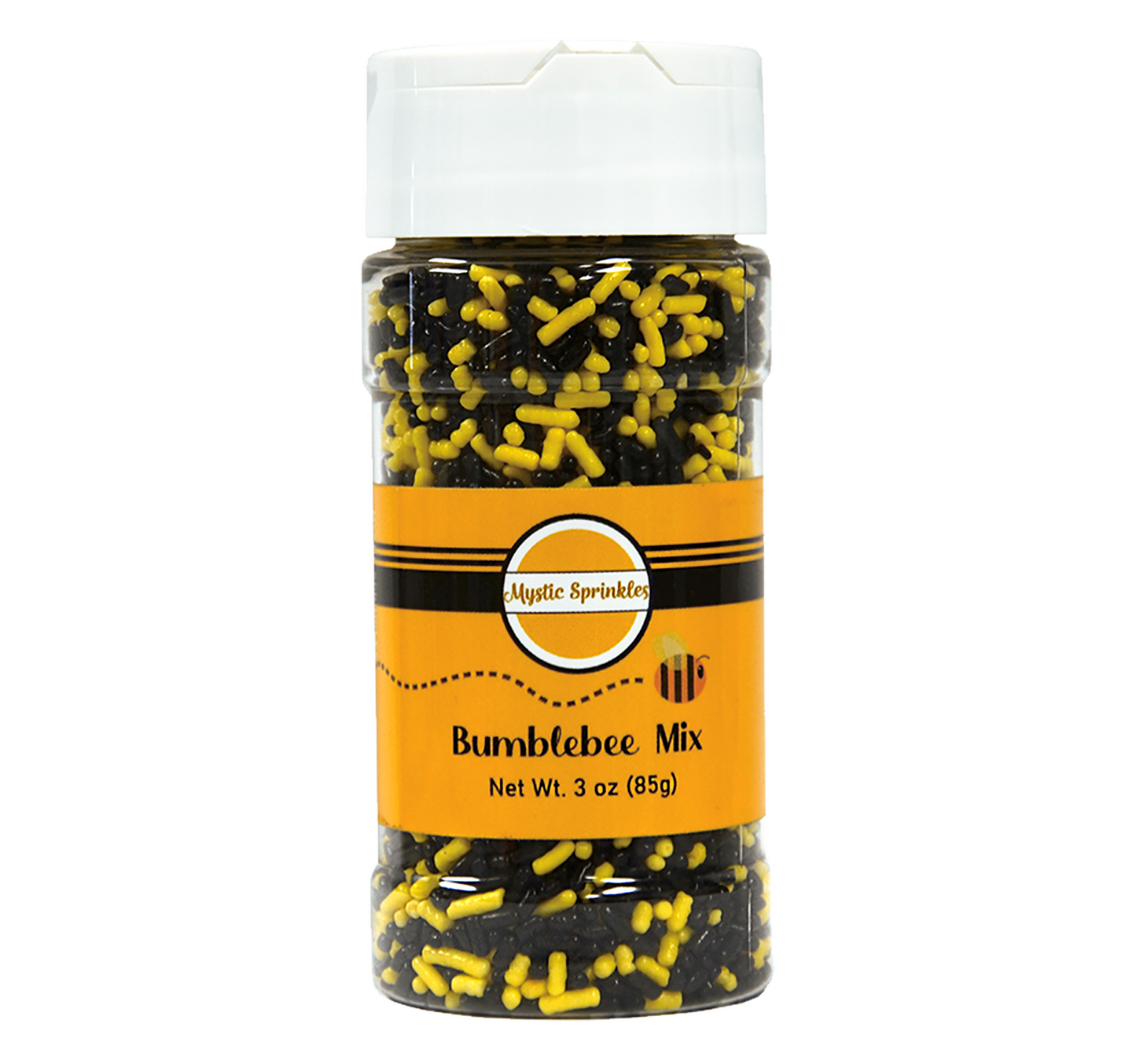 Load image into Gallery viewer, Bumblebee Mix Jimmies Sprinkles Front of Bottle
