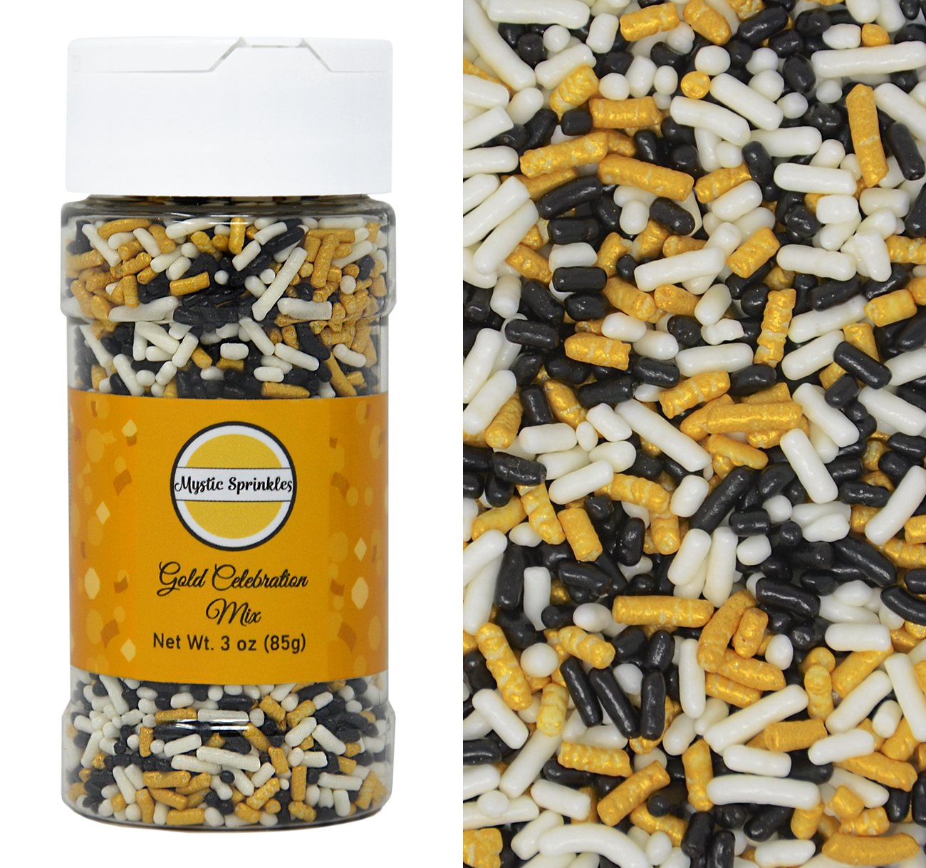 Mystic Sprinkles Gold Celebration Mix Jimmies Sprinkles 3 oz Bottle, Size: 1.75 x 1.75 x 4.25, Black