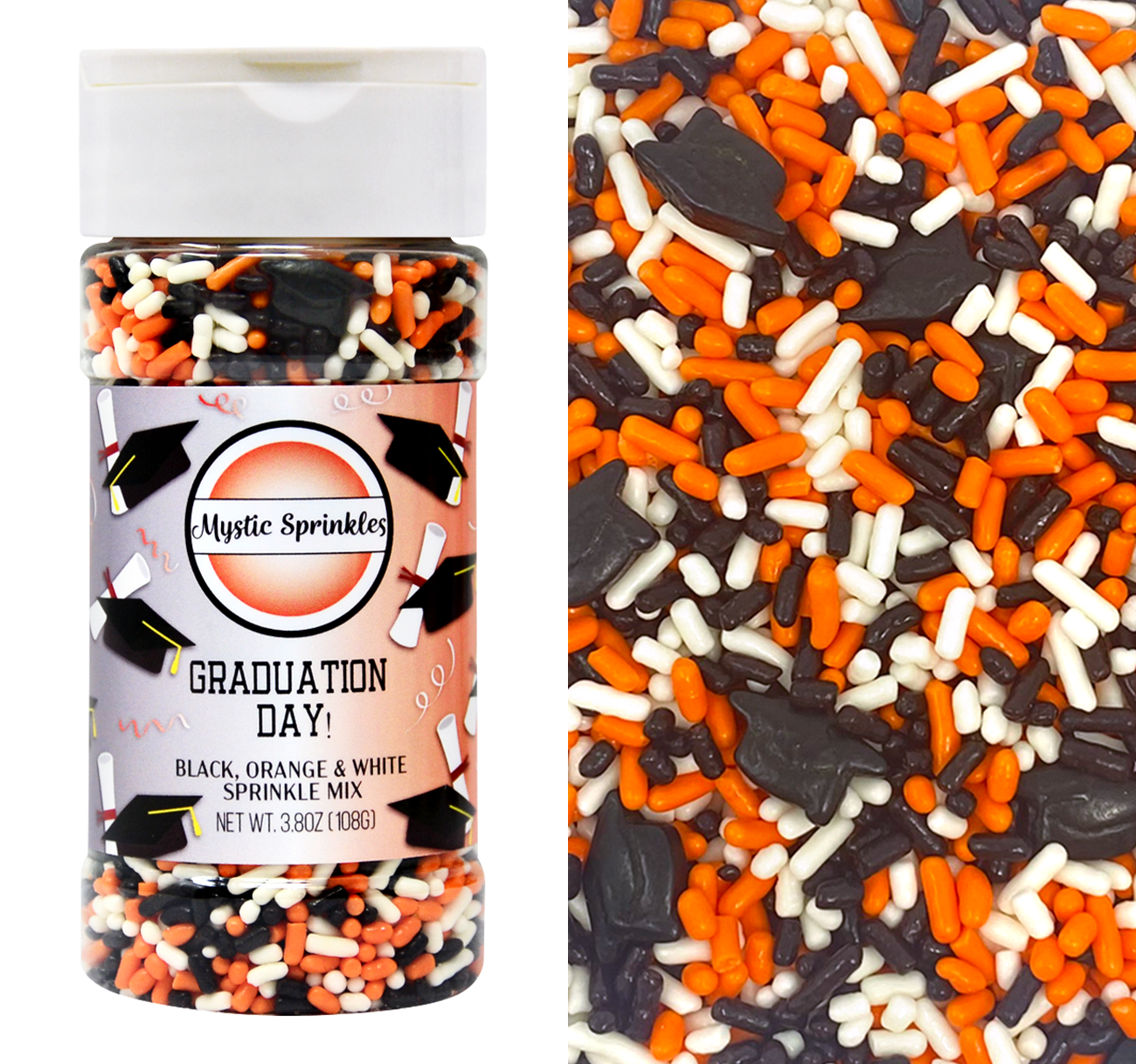 Graduation Day! Black, Orange & White Sprinkle Mix 3.8oz