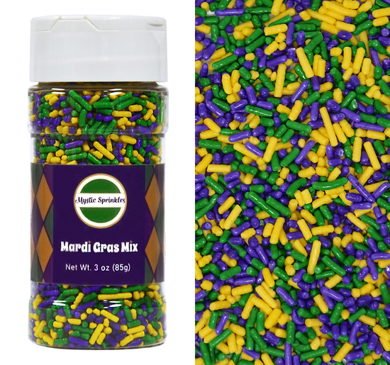 Load image into Gallery viewer, Mardis Gras Mix Jimmies Sprinkles 3oz Bottle

