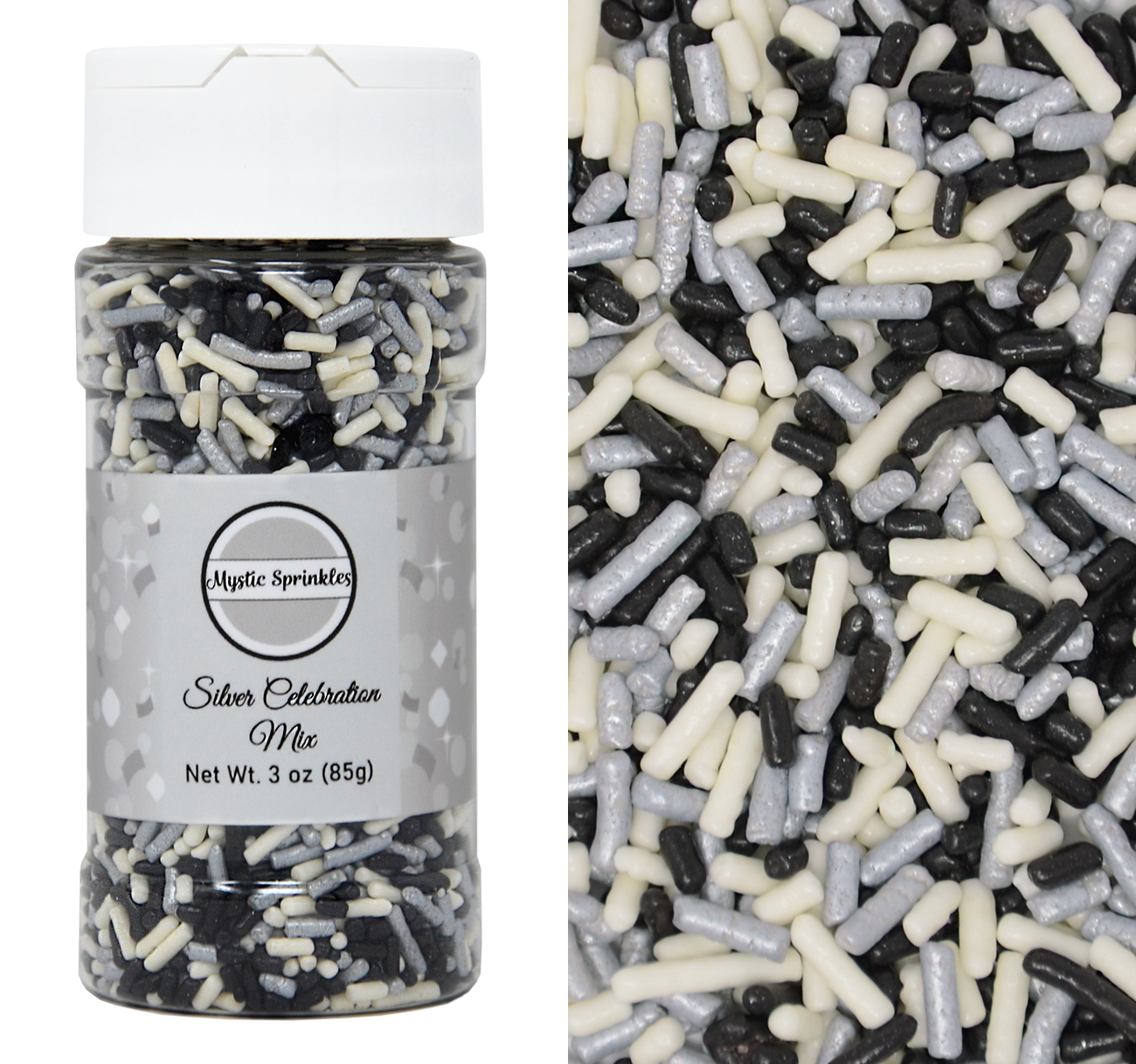 Silver Celebration Mix Jimmies Sprinkles 3oz Bottle